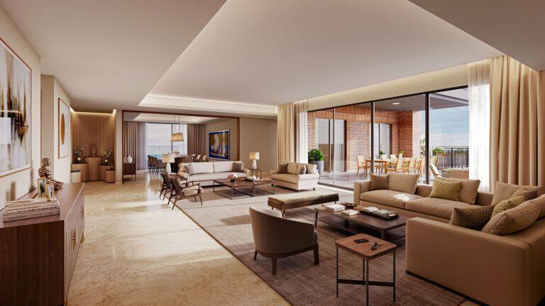 Spacious furnished living and dining area with balcony access